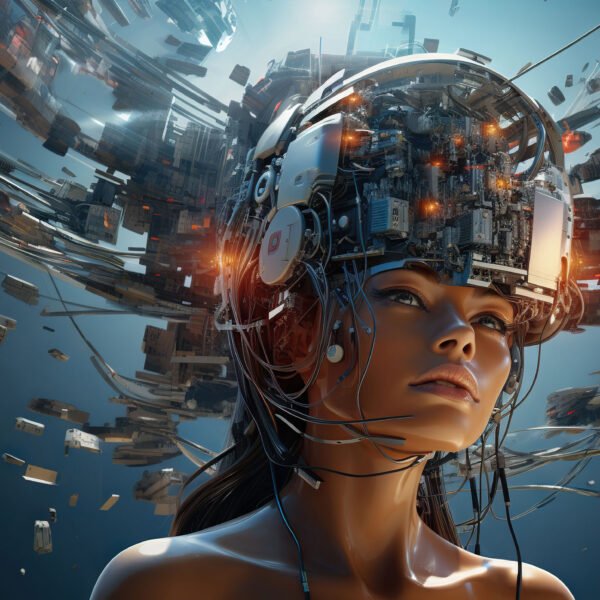 Young female humanoid head is connected to a super computer, symbolizing artificial intelligence